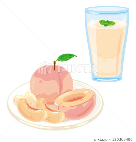 皿に盛られた桃とグラスに入った桃スムージー 120363496