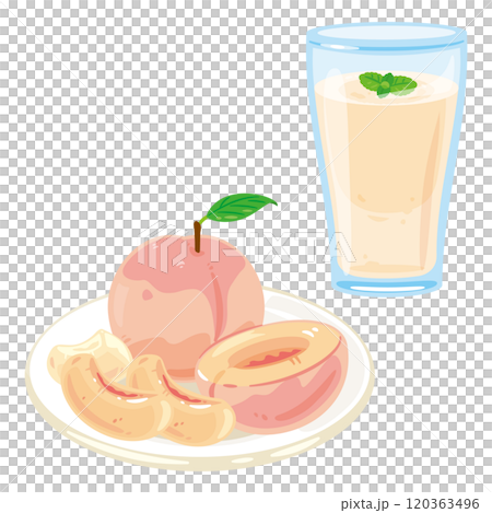 皿に盛られた桃とグラスに入った桃スムージー 120363496