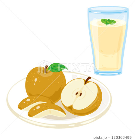 皿に盛られた梨とグラスに入った梨スムージー 皿に盛られた梨とグラスに入った梨スムージー 120363499