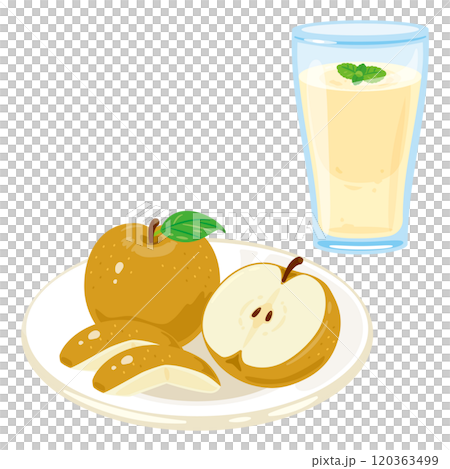 Pears on a plate and pear smoothie in a glass 120363499