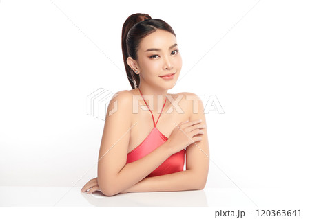 Beautiful young asian woman with clean fresh skin on white background, Face care, Facial treatment, Cosmetology, beauty and spa, Asian women portrait. 120363641