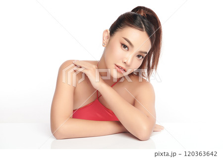 Beautiful young asian woman with clean fresh skin on white background, Face care, Facial treatment, Cosmetology, beauty and spa, Asian women portrait. 120363642
