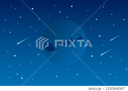 Santa Claus and his reindeer sleigh in silhouette against moon and stars. Santa Claus and his reindeer sleigh in silhouette against moon and stars. 120364067