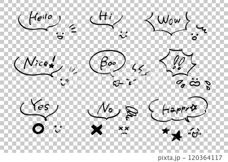 おしゃれな手書き風、落書き風のかわいいふきだしセットの