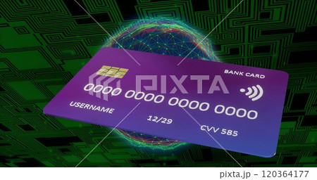 Image of digital data processing over credit card and globe Image of digital data processing over credit card and globe 120364177