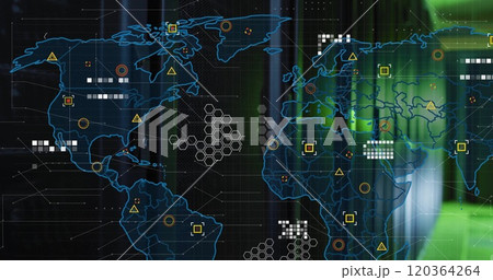 World map with data points and network connections image over green-lit server room 120364264