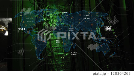 World map with data points and network connections image over server room World map with data points and network connections image over server room 120364265