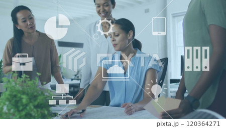 Image of financial data processing over diverse business people in office 120364271