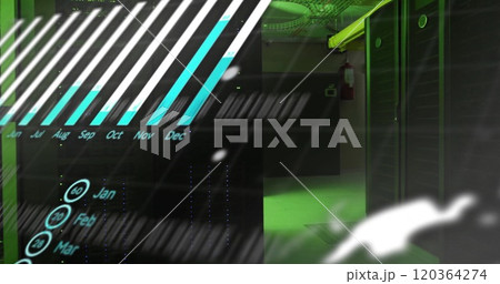 Data processing image over servers in green-lit data center Data processing image over servers in green-lit data center 120364274
