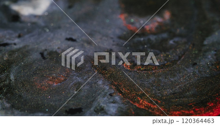 Sparkling lava. Diffusion paint. Shiny opaque mass with metallic glitter. Dark art gel flow with copper particles liquid swirl volcanic sand effect. 120364463
