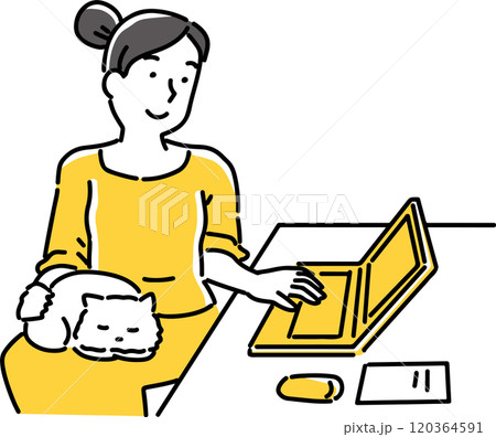 膝に猫を載せてパソコンを触る女性 120364591