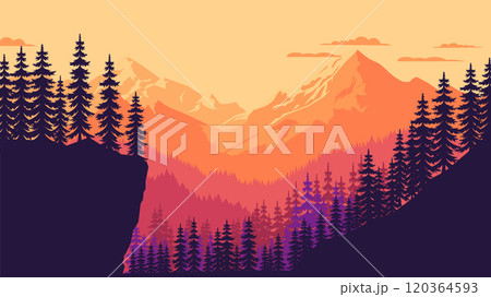 Mountain Cliff Nature Scenery with Pine Trees Silhouette in Forest at Sunset Sunrise 120364593