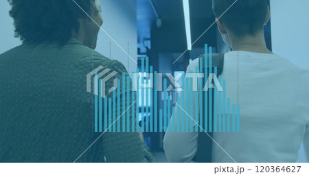 Bar chart image over diverse business people walking in modern office hallway Bar chart image over diverse business people walking in modern office hallway 120364627