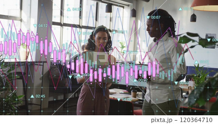 Financial data analysis image over diverse business people discussing in office Financial data analysis image over diverse business people discussing in office 120364710