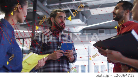 Business data analysis image over diverse team discussing in modern office Business data analysis image over diverse team discussing in modern office 120364715
