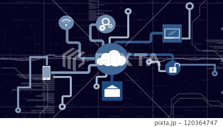 Image of cloud icon with connections and data processing over dark background Image of cloud icon with connections and data processing over dark background 120364747