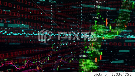Image of financial data processing over grid on dark background Image of financial data processing over grid on dark background 120364750