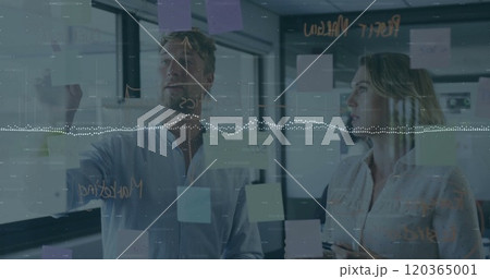 Image of financial data processing over diverse business people in office Image of financial data processing over diverse business people in office 120365001