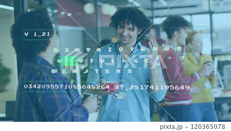 Image of processing data over happy diverse colleagues talking at casual office 120365078