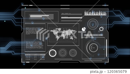 Image of digital data processing over circuit board on black background 120365079