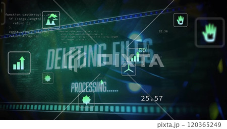 Image of ecology icons and data processing on black background 120365249