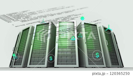 Image of ecology icons and data processing over server room 120365250