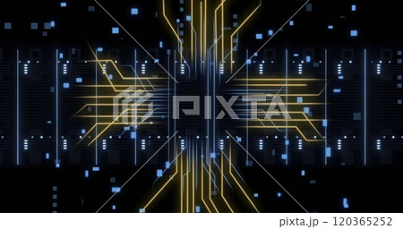 Image of circuit board and digital data processing over computer servers 120365252