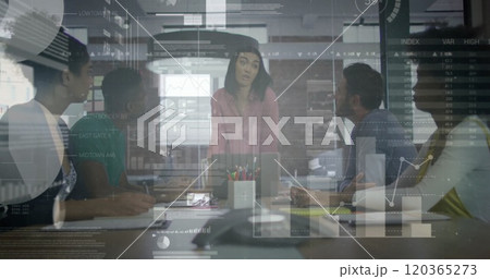 Image of financial data processing over diverse business people in office 120365273