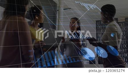 Image of financial data processing over diverse business people in office Image of financial data processing over diverse business people in office 120365274