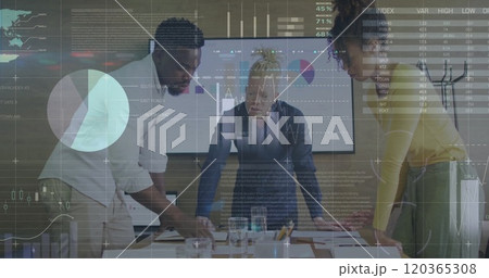Image of financial data processing over diverse business people in office Image of financial data processing over diverse business people in office 120365308