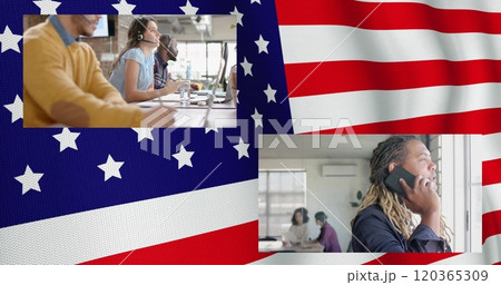 Image of flag of usa over diverse business people in office Image of flag of usa over diverse business people in office 120365309