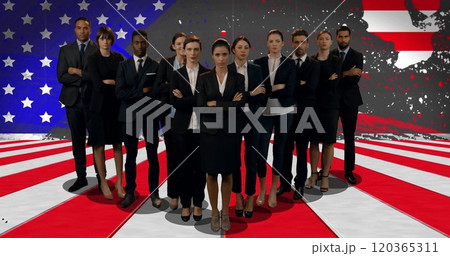 Image of flag of usa over diverse business people standing in row Image of flag of usa over diverse business people standing in row 120365311
