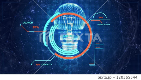 Image of circular scanner processing energy data over light bulb and network Image of circular scanner processing energy data over light bulb and network 120365344