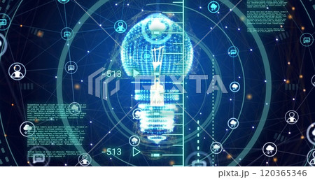 Image of scanner, processing data, light bulb and communication networks on dark background Image of scanner, processing data, light bulb and communication networks on dark background 120365346