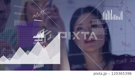 Image of data processing over diverse business people in office 120365396