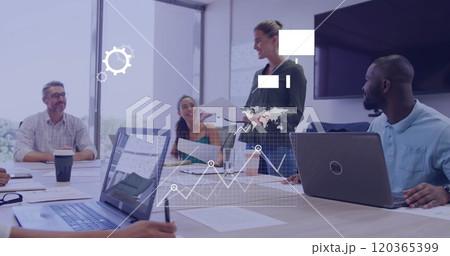 Image of data processing over diverse business people in office 120365399