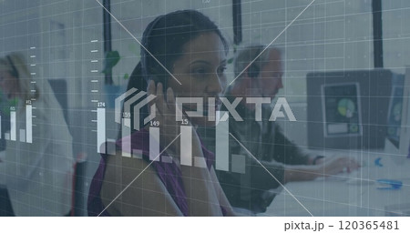 Image of financial data processing over diverse business people in office 120365481