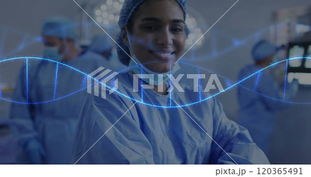 Image of dna strand over biracial female surgeon Image of dna strand over biracial female surgeon 120365491