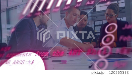 Image of financial data processing over diverse business people in office Image of financial data processing over diverse business people in office 120365558