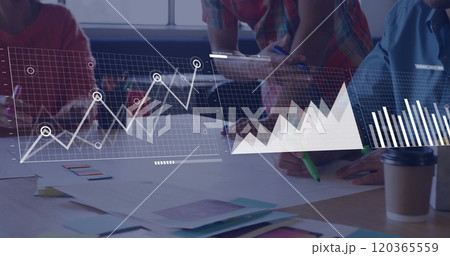 Image of financial data processing over diverse business people in office 120365559