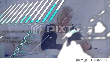 Image of financial data processing over caucasian businesswoman using tablet in office Image of financial data processing over caucasian businesswoman using tablet in office 120365564