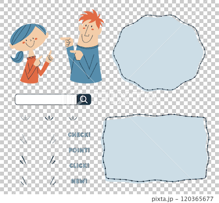 Set of young men and women with pointing poses and frames, letters and decorative materials 120365677