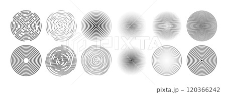 Radial signal, sonar wave, geometric icons collection. Line circles vector set. 120366242
