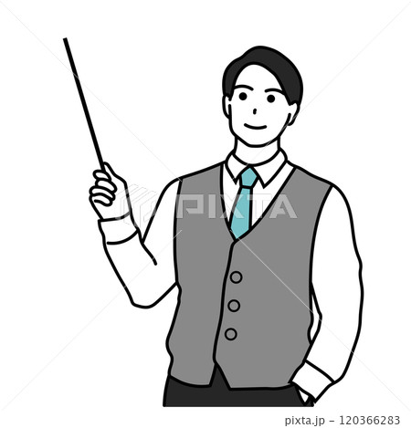 スーツ姿の男性が指示棒で説明するイラスト スーツ姿の男性が指示棒で説明するイラスト 120366283