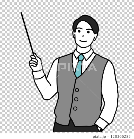 スーツ姿の男性が指示棒で説明するイラスト スーツ姿の男性が指示棒で説明するイラスト 120366283