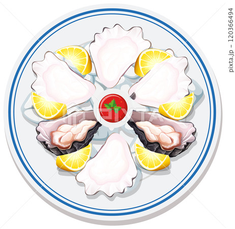 Seafood Platter with Oysters and Lemons 120366494