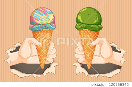 Colorful Ice Cream Cones in Hands 120366546