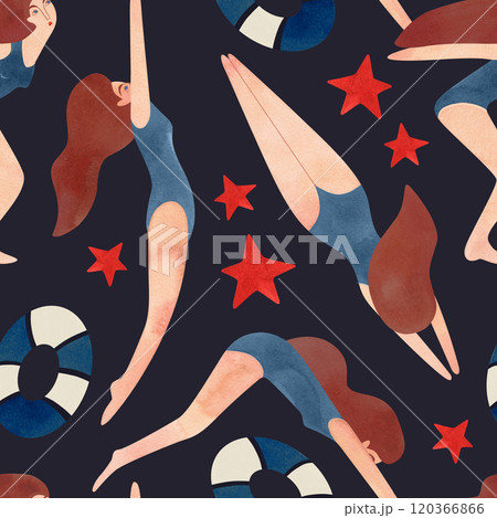 Seamless pattern with floating women in vintage style. Swimming. Watercolor illustration on black background 120366866