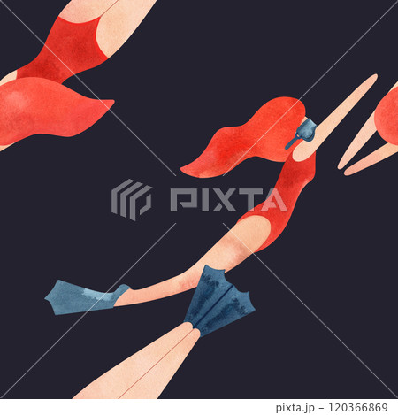 Seamless pattern with floating women in vintage style. Swimming. Watercolor illustration on black background Seamless pattern with floating women in vintage style. Swimming. Watercolor illustration on black background 120366869