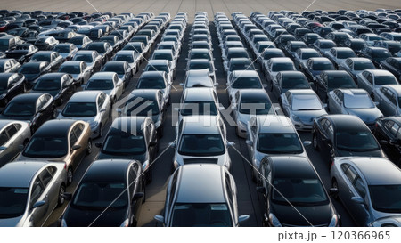 Aerial view of parked cars on airport runway, symbolizing automotive industry crisis: electric transition, pandemic supply chain disruptions, declining demand due to economic hardship. AI-generated. 120366965